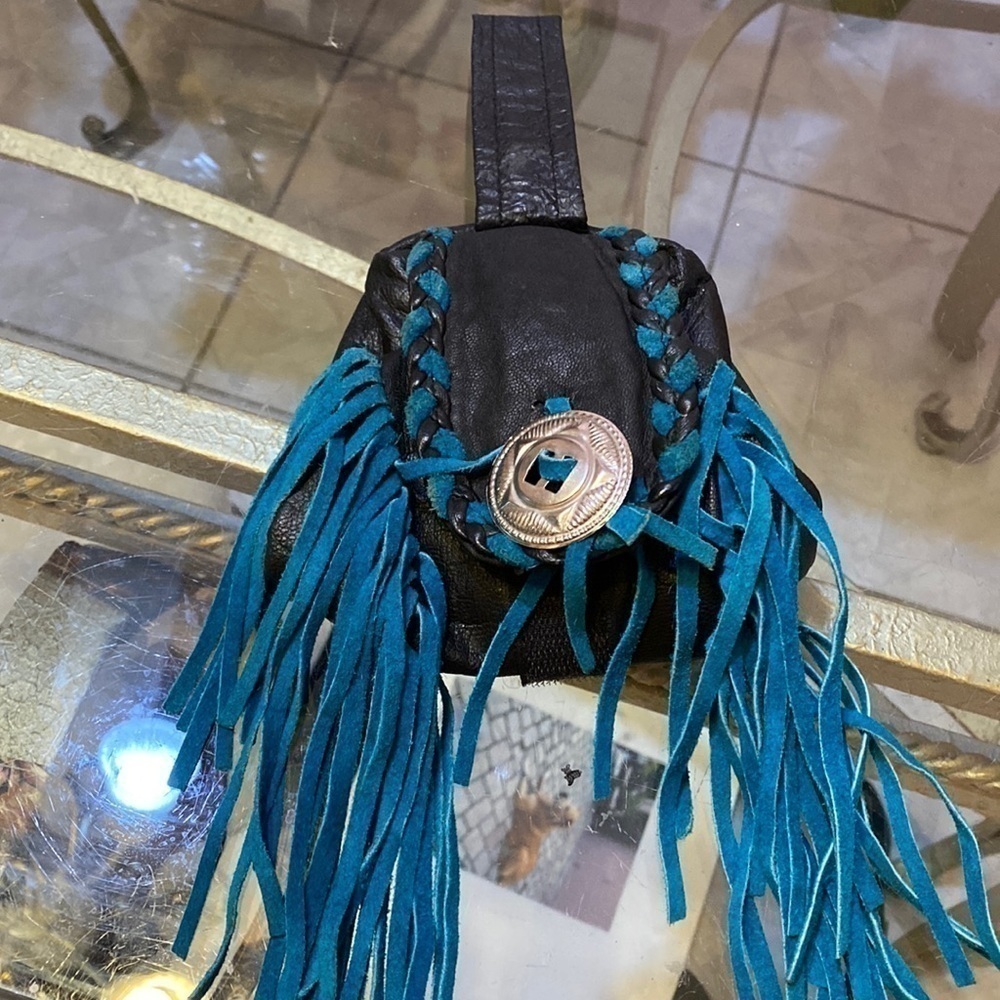 Womens black blue tassels wristlet fancy pack